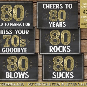80th Birthday Signs PRINTABLE, 80 Aged to Perfection, Cheers to 80 Years, 80 Sucks, 80 Blows, 80th Party Decor, Instant Download G80 image 1