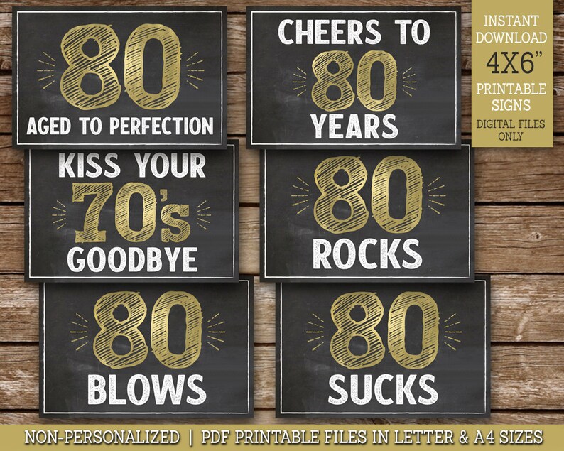 80th Birthday Signs PRINTABLE, 80 Aged to Perfection, Cheers to 80 Years, 80 Sucks, 80 Blows, 80th Party Decor, Instant Download G80 image 1