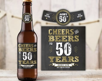 50th Birthday Beer Bottle Labels | Gold Beer Birthday Party Decor | Printable Editable Labels | Instant Download BG50