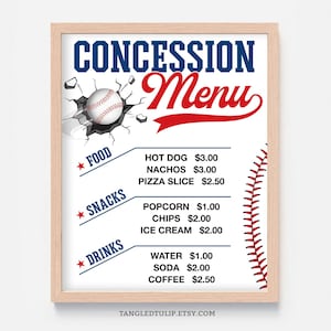 Baseball Concession Template, Concession Stand Sign Baseball, Refreshment Stand Price List, Volunteer Baseball, Little League Printable CON1
