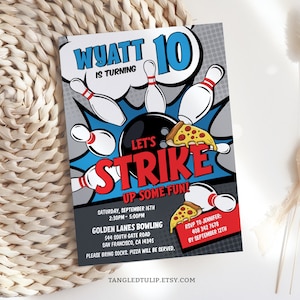 Bowling & Pizza Birthday Party Invitation Strike Bowling Pizza Party Invite Blue Red Boy EDITABLE Invitation Template Corjl BB1