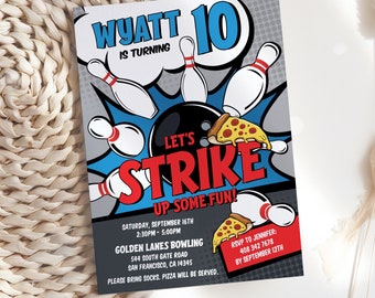 Bowling & Pizza Birthday Party Invitation Strike Bowling Pizza Party Invite Blue Red Boy EDITABLE Invitation Template Corjl BB1