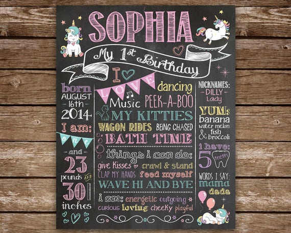 Unicorn Birthday Chalkboard, Rainbow Unicorn 1st Birthday Sign, PRINTABLE Chalk Poster, Magic Unicorn, Pink and Gold, Rainbow colors Il_570xn