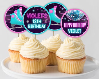 Editable Ice Skating Party Cupcake Toppers for Girls. Ice Skate Birthday Cupcake Toppers for Teen or Tween. Neon Glow. Corjl ICE1