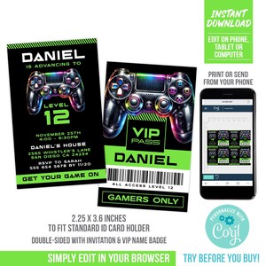 May include: A printable invitation and VIP pass for a video game themed party. The invitation features a neon green and black video game controller with the text "Daniel is advancing to level 12". The VIP pass features a similar video game controller with the text "VIP Pass Daniel" and "All Access Level 12 Gamers Only".