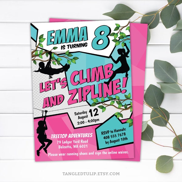 Ziplining Birthday Invitation for girls Climb & Zipline Outdoor Adventure Editable Invite Instant Download PRINTABLE Corjl GZ1