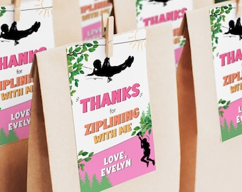 Ziplining Birthday Favor Tags EDITABLE Zipline Party Thank You Tag Girl Outdoor Adventure Pink Download PRINTABLE GZ1