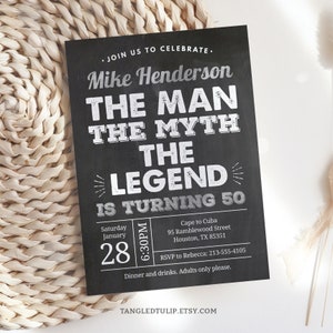 May include: Black and white chalkboard style invitation for a 50th birthday party. The invitation reads "Mike Henderson The Man The Myth The Legend Is Turning 50". The party details are listed below: Saturday January 28, 6:30PM, Cape to Cuba, 95 Ramblewood Street, Houston, TX 85351, RSVP to Rebecca: 213-555-4105, Dinner and drinks. Adults only please. The bottom of the invitation reads "TANGLEDTULIP.ETSY.COM".