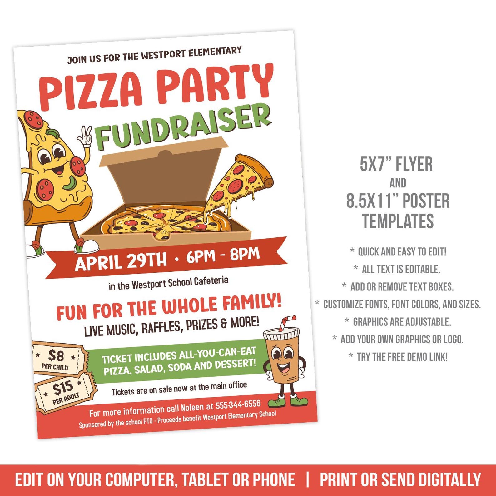 Pizza Party Raffle Editable Pizza Party Fundraiser Flyer: School PTO PTA Invite and Poster ...