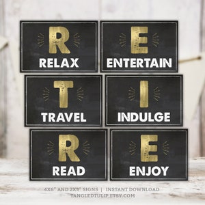 Letreros para fiesta de jubilación: relájese, diviértase, viaje, disfrute, lea, decoraciones para la jubilación de Gold Man, descarga digital imprimible RE1