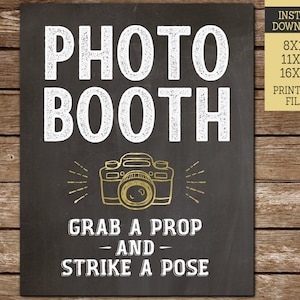 Photo Booth PRINTABLE sign, Photo Booth Strike a Pose Chalkboard sign, Gold and White, Photo Booth, 8x10, 11x14, 16x20, Instant Download image 1