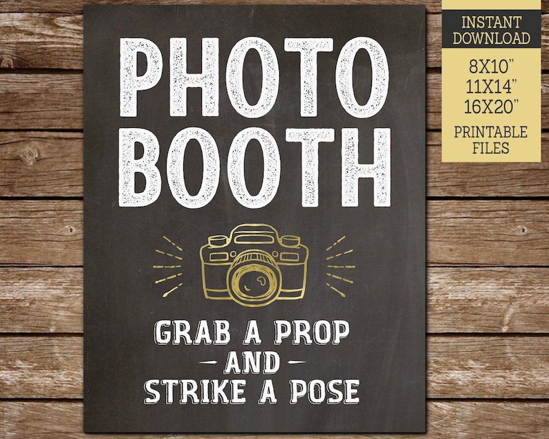 Photo Booth PRINTABLE sign, Photo Booth Strike a Pose Chalkboard sign, Gold and White, Photo Booth, 8x10, 11x14, 16x20, Instant Download image 1