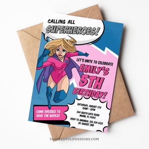 Invitation de fête d'anniversaire de super-héros de fille. Modifiable appelant tous les super-héros, invitation à une fête numérique comique femme Supergirl, Corjl SU1