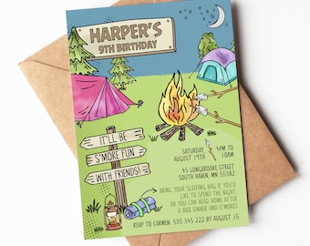 Camping Birthday Invitation | Girl S'mores Campout Birthday Party Invite | Printable Editable Template | Instant Download CAM1