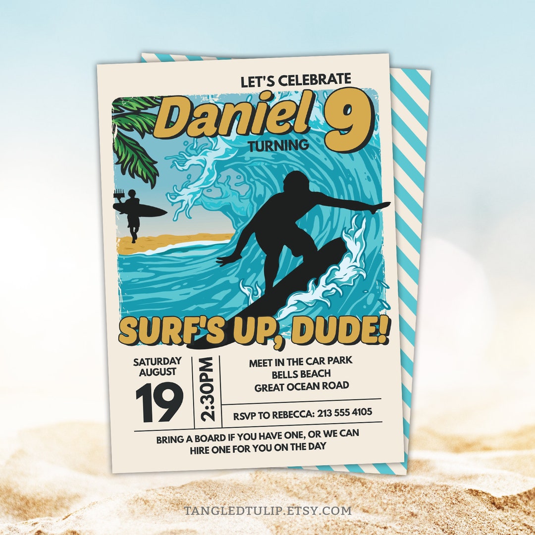 Editable Surfing Birthday Invitation Boys Surfs up Dude Party Invite ...