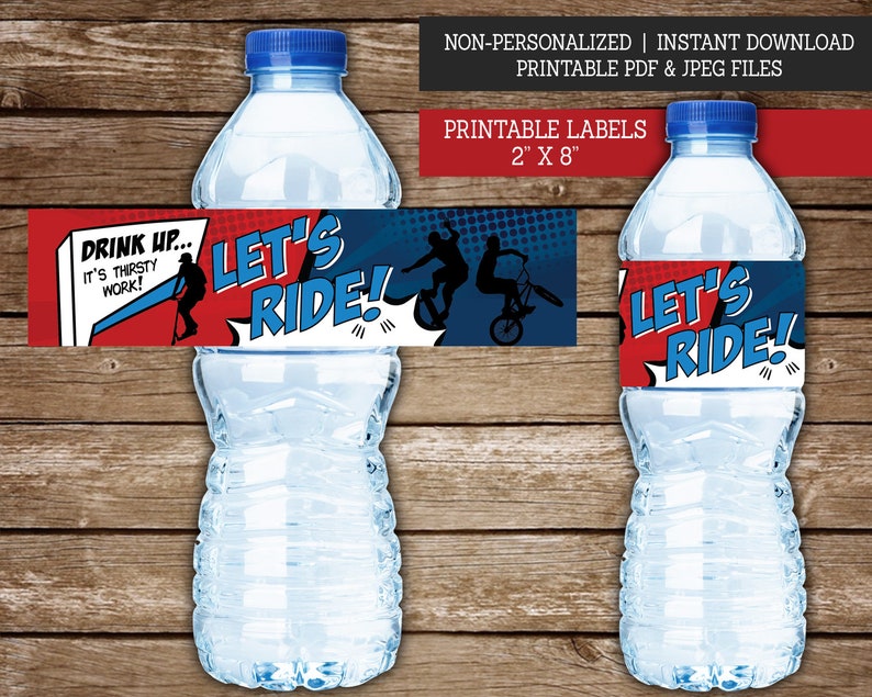 Water Bottle Labels for Biker Skater Scooter Party, PRINTABLE Bottle Labels for Extreme Riding Party, Boys Birthday Party Decor BS1 image 2