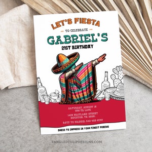 Invitación editable al 21 cumpleaños de la Fiesta Mexicana. CUALQUIER EDAD Invitación a la fiesta Dabbing de un hombre mexicano. Tequila Nachos Tacos Fiesta 21 Corjl MEX1