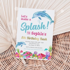 Dolphin Splash Birthday Invitation Dolphins Party Tropical Invite for Girls Summer Pool Party EDITABLE Digital Download PRINTABLE DO1