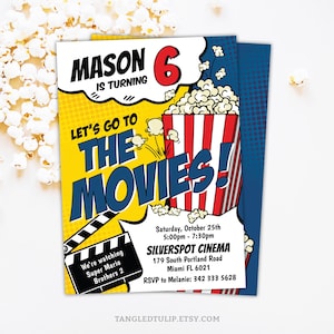 Movie Birthday Invitation for Boys, Movies & Popcorn Party Editable Invite, Instant Download Movie Party Invitation, Edit in Corjl MO1