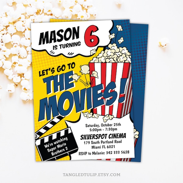 Movie Birthday Invitation for Boys, Movies & Popcorn Party Editable Invite, Instant Download Movie Party Invitation, Edit in Corjl MO1