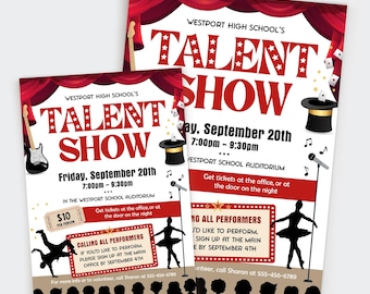 May include: A red and white poster with a red curtain backdrop and gold stars. The poster advertises a talent show at Westport High School on Friday, September 20th from 7:00pm to 9:30pm. The poster includes a silhouette of a magician with a top hat and a microphone. The poster also includes a silhouette of a ballerina and a guitar.
