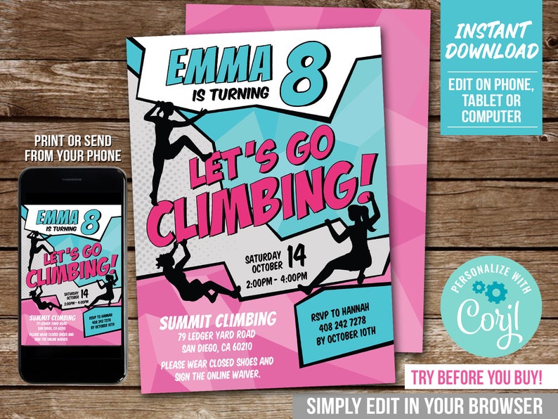 Editable Rock Climbing Party Invitation Girl Indoor Climb Birthday Invite Instant Download Printable Corjl CL3 image 2