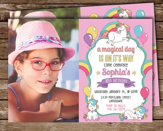 Unicorn Rainbow Invite with Picture, Unicorn Printable Invite, Unicorn Party Invite with Photo for Girl, Printable Invitation, Rainbow Il_570xn