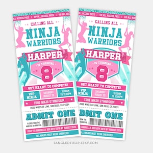 Ninja Krieger Geburtstag einladen Ticket für Mädchen, Ninja Krieger Party-Einladung Ticket Vorlage, Ninja Mädchen, Printable Ticket einladen, NIN2