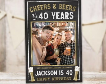 40th Birthday Photo Prop Frame | Cheers and Beers Man Birthday Selfie Frame | Printable Editable Template | Instant Download GB40