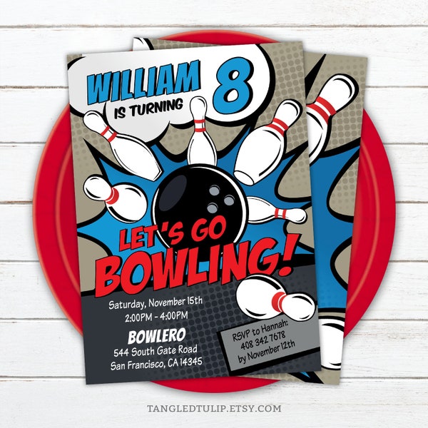 Bowling Birthday Invitation for Boys, Tenpin Bowling Party Editable Invite, Instant Download Bowling Party Invite, Edit in Corjl BB1