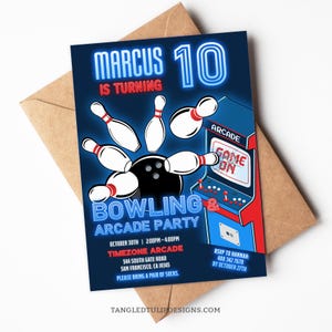 Bowling and Arcade Birthday Invitation, Editable Bowling & Arcade Gaming Party Invite, Neon Glow, Boy, Digital Invite, Corjl