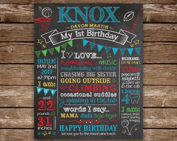 Sports First Birthday Chalkboard printable, Sports Theme 1st Birthday, Chalkboard printable sign, Baseball, Basketball, Football Il_570xn