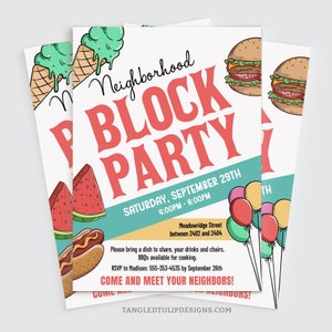 Modèle de Flyer de quartier, faire-part de fête de quartier modifiable, invitation annuelle de rassemblement de voisins, Corjl