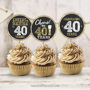 Adornos para cupcakes de 40.º cumpleaños: ¡Saludos por los 40 años!, temática de cerveza, dorados (imprimibles, descarga digital) BG40