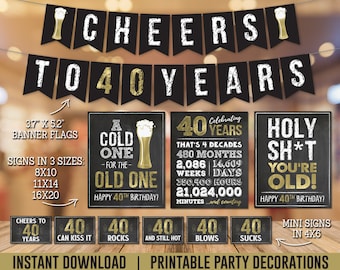 40th Birthday Party Decorations Pack Cheers to 40 Years Man Gold Beer Banner Signs Instant Download PRINTABLE BG40