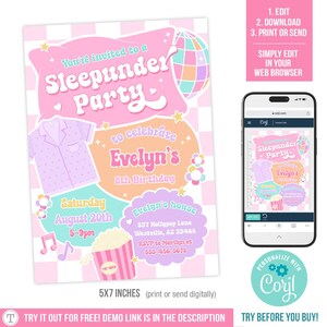 May include: A pink and white Sleepunder Party invitation with text and graphics. The invitation includes the text "You're invited to a Sleepunder Party" and "to celebrate Evelyn's 8th Birthday". The invitation is 5x7 inches.
