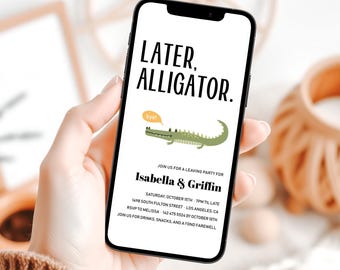 Uitnodiging voor het verlaten van het feest | Afscheid gaat later weg Alligator | Bewerkbare telefoonsjabloon FAR1