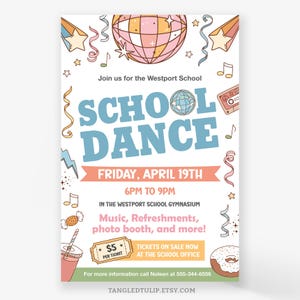 Cartel editable de baile escolar, cartel de anuncio de baile escolar, plantilla imprimible para evento escolar de la PTO/PTA, 24x36 SPR1