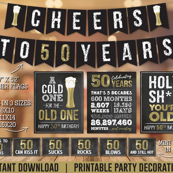 50th Birthday Party Decorations for Men, Cheers to 50 Years Birthday Decor, Cheers to 50 Years PRINTABLE Party Pack, Instant Download BG50