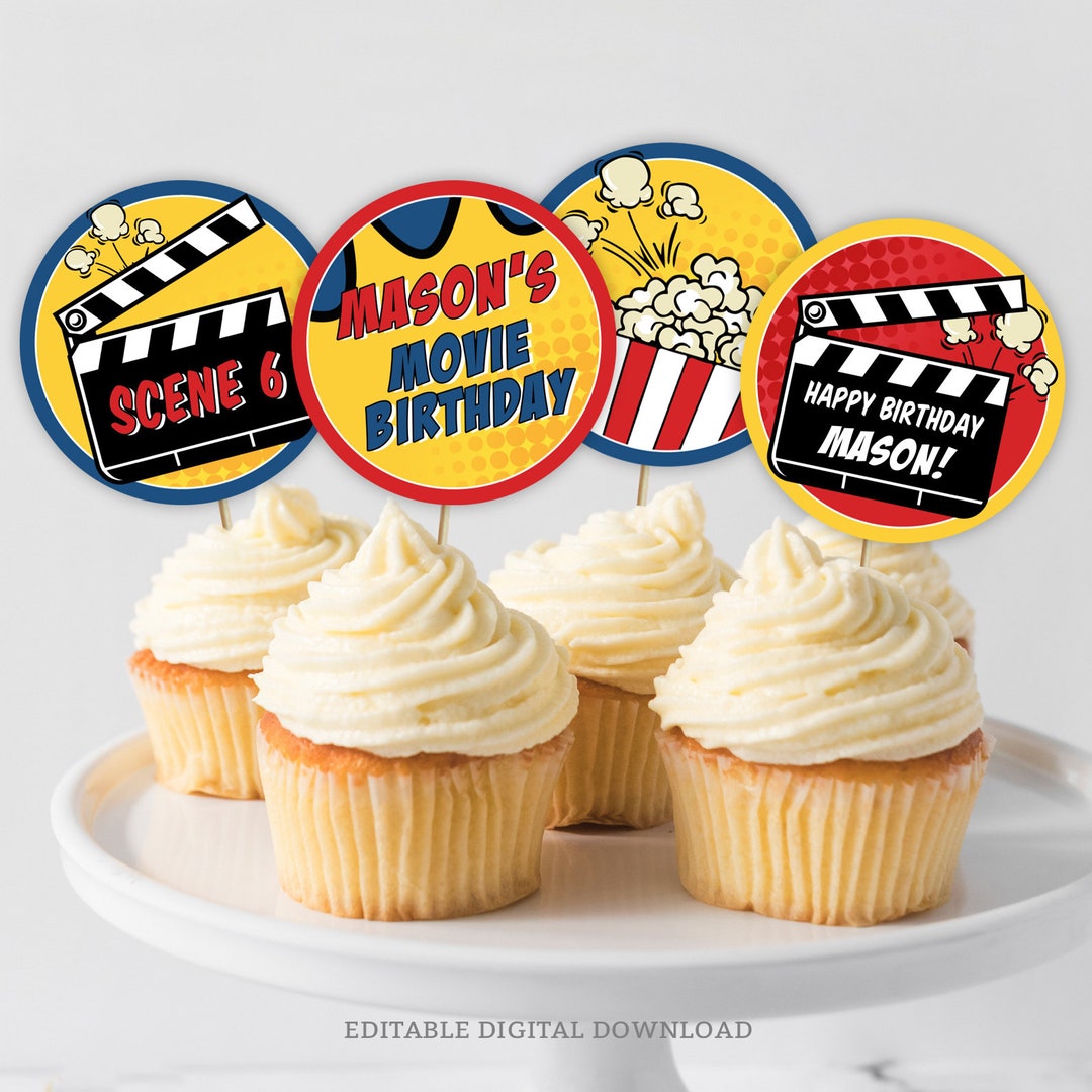Movie Birthday Cupcake Toppers Template, Editable Boy Movies Party ...