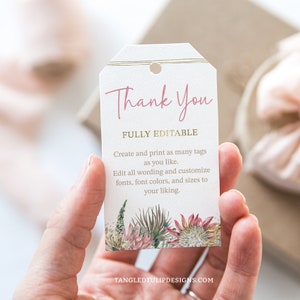 Etiquetas de agradecimento Protea Floral, chá de panela, modelo de etiqueta de agradecimento de aniversário, etiquetas editáveis Boho, modelo de etiqueta de lembrancinha para impressão BOH1