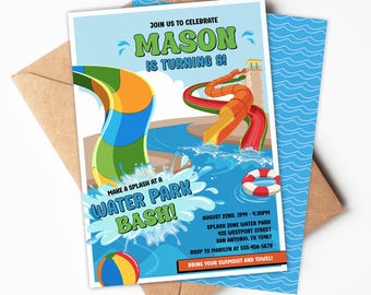 May include: A colorful invitation for a water park birthday party. The design features water slides, a pool, and a life preserver. Text includes "Mason is turning 8!" and event details. The invitation is on a white background with a brown envelope.