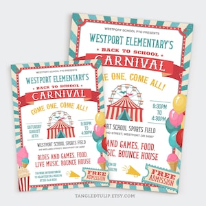 Flyer modifiable pour le carnaval de la rentrée scolaire, invitation et affiche à la fête foraine de l&#39;école, idées de collecte de fonds pour l&#39;école, flyer scolaire PDF imprimable FSC1