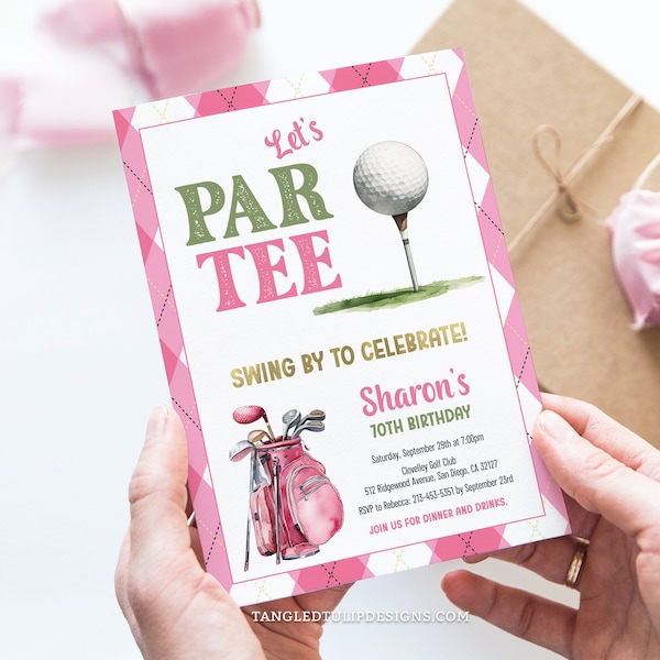 Editable Woman Golfer Birthday Invitation, Golf Theme Party Invite, Let&#39;s Par Tee, Pink Golf Bag, Digital Invite, Corjl