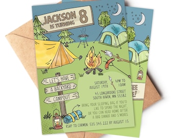 Invitación de cumpleaños con temática de acampada / Invitación para fiesta de acampada en el jardín para niño / Plantilla imprimible y editable CAM1