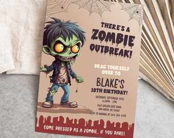 May include: A birthday party invitation featuring a cartoon zombie character. The invitation reads "There's a Zombie Outbreak!" and "Drag yourself over to Blake's 10th Birthday!" with details about the party date, time, and location.