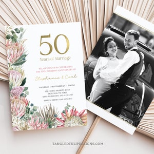 50 周年記念招待状、写真付き編集可能な 50 周年結婚記念日招待状、プロテア、花柄、デジタル招待状テンプレート、Corjl A005 BOH1