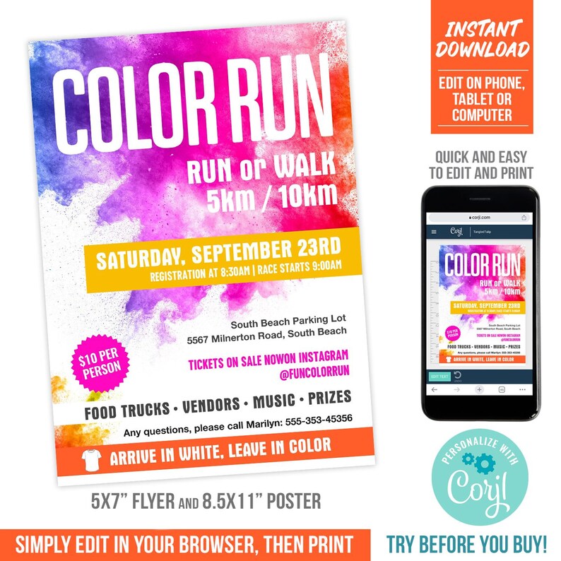 Color Run Flyer | Fun Run Event Poster | Paint Run Flyer | Printable ...
