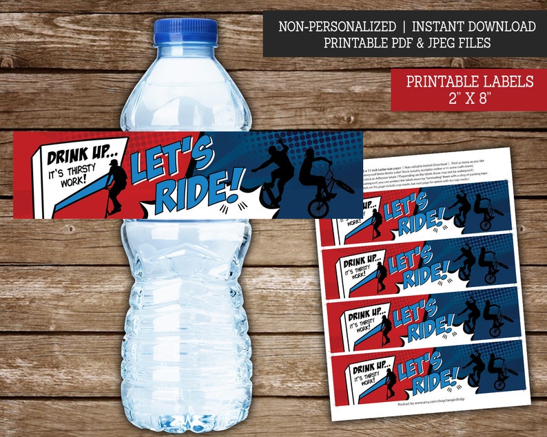 Water Bottle Labels for Biker Skater Scooter Party, PRINTABLE Bottle Labels for Extreme Riding Party, Boys Birthday Party Decor BS1 image 1