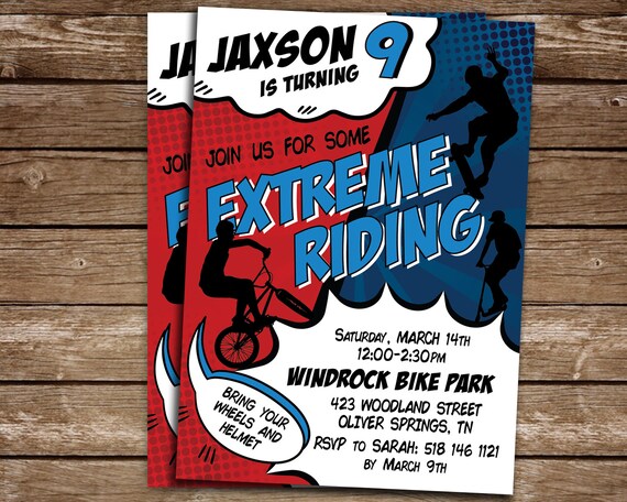 Biking party invitation, extreme riding invitation, Scooter Skateboard BMX birthday invite, comic book style DIGITAL Invitation Il_570xn